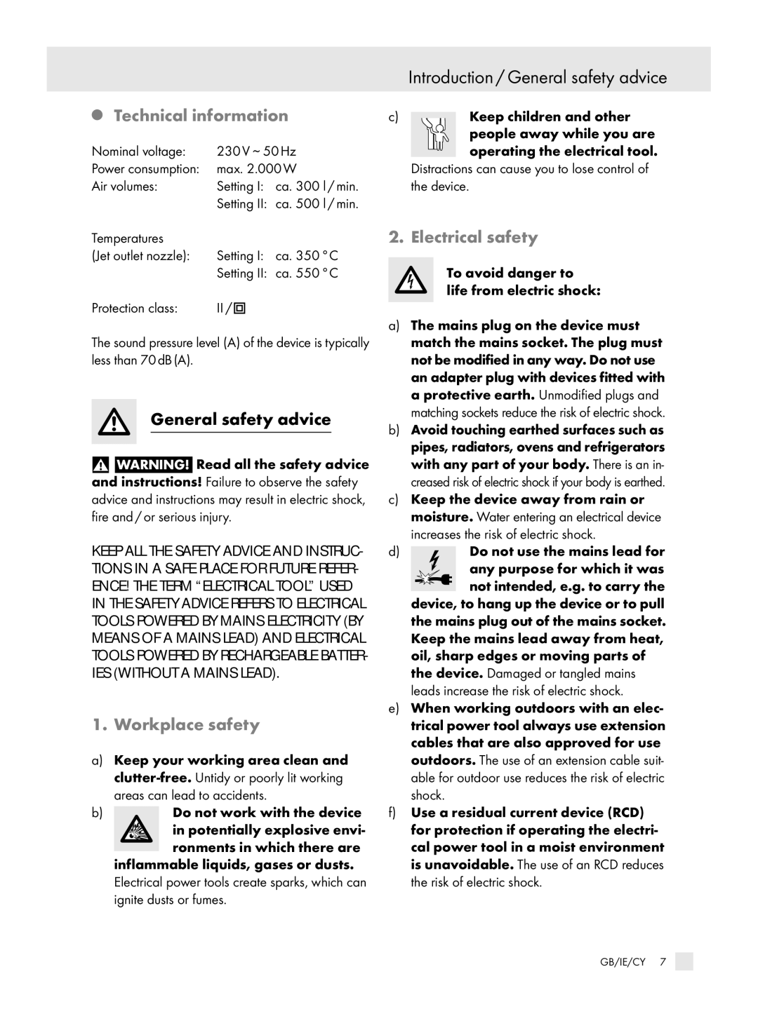 Parkside PHLG 2000-2 Introduction / General safety advice, Technical information, Workplace safety, Electrical safety 